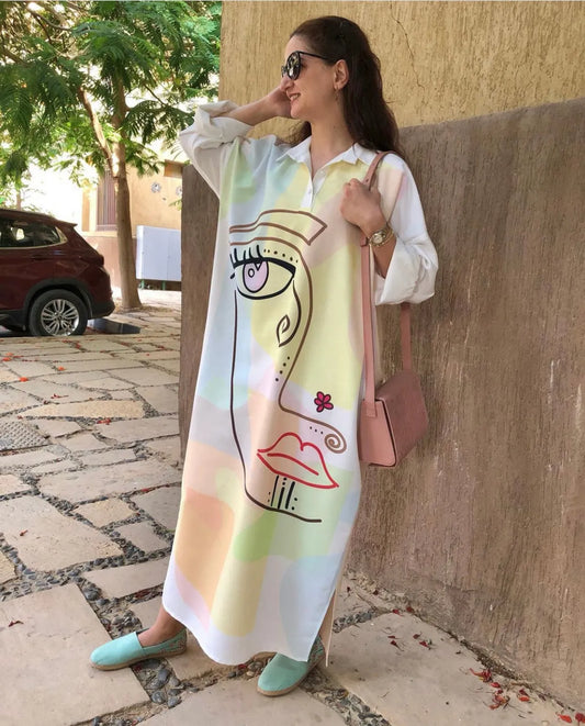 White Linen Cotton Artistic Abstract Face Shirt Dress For Women