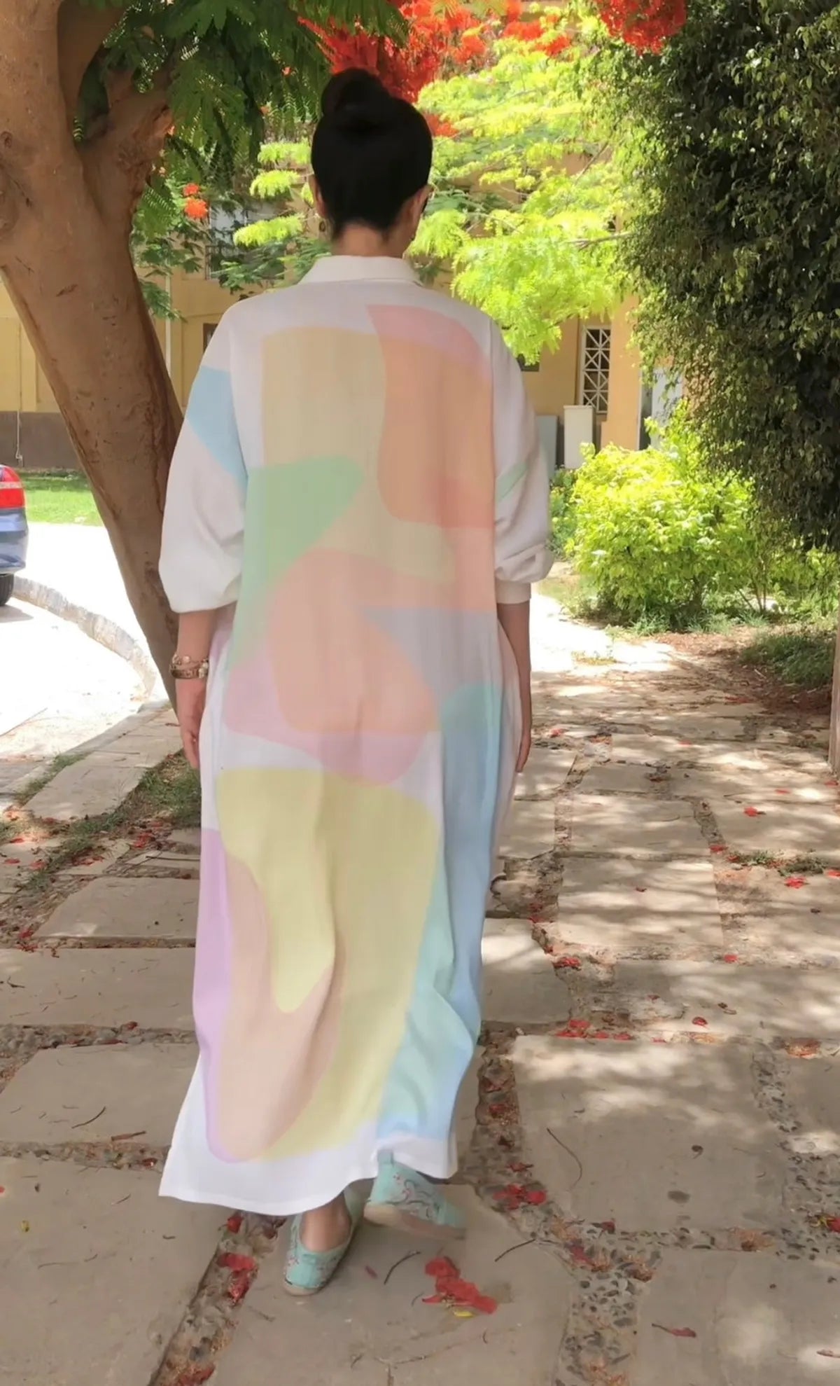 White Linen Cotton Artistic Abstract Face Shirt Dress For Women