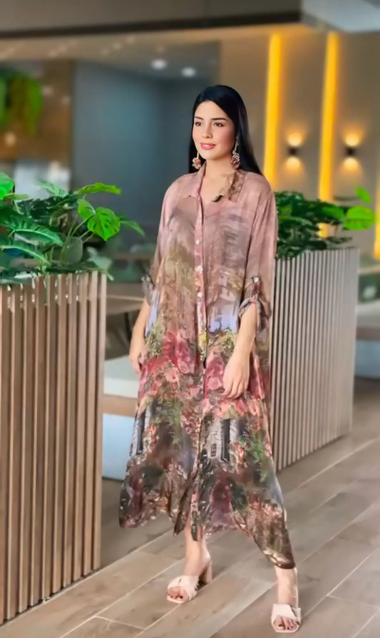 Botanical-Inspired Muslin Earthy Hues Printed Dress For Women