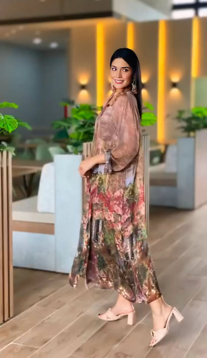Botanical-Inspired Muslin Earthy Hues Printed Dress For Women