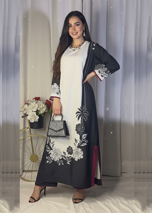 Elegant Black and White Contrast Abaya Dress with Floral and Palm Print U40