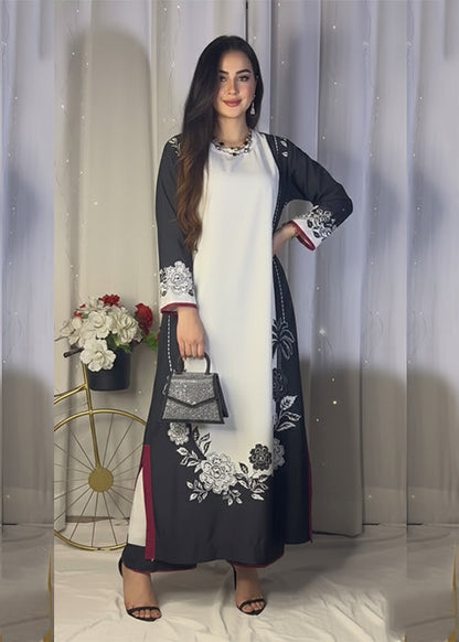 Elegant Black and White Contrast Abaya Dress with Floral and Palm Print U40