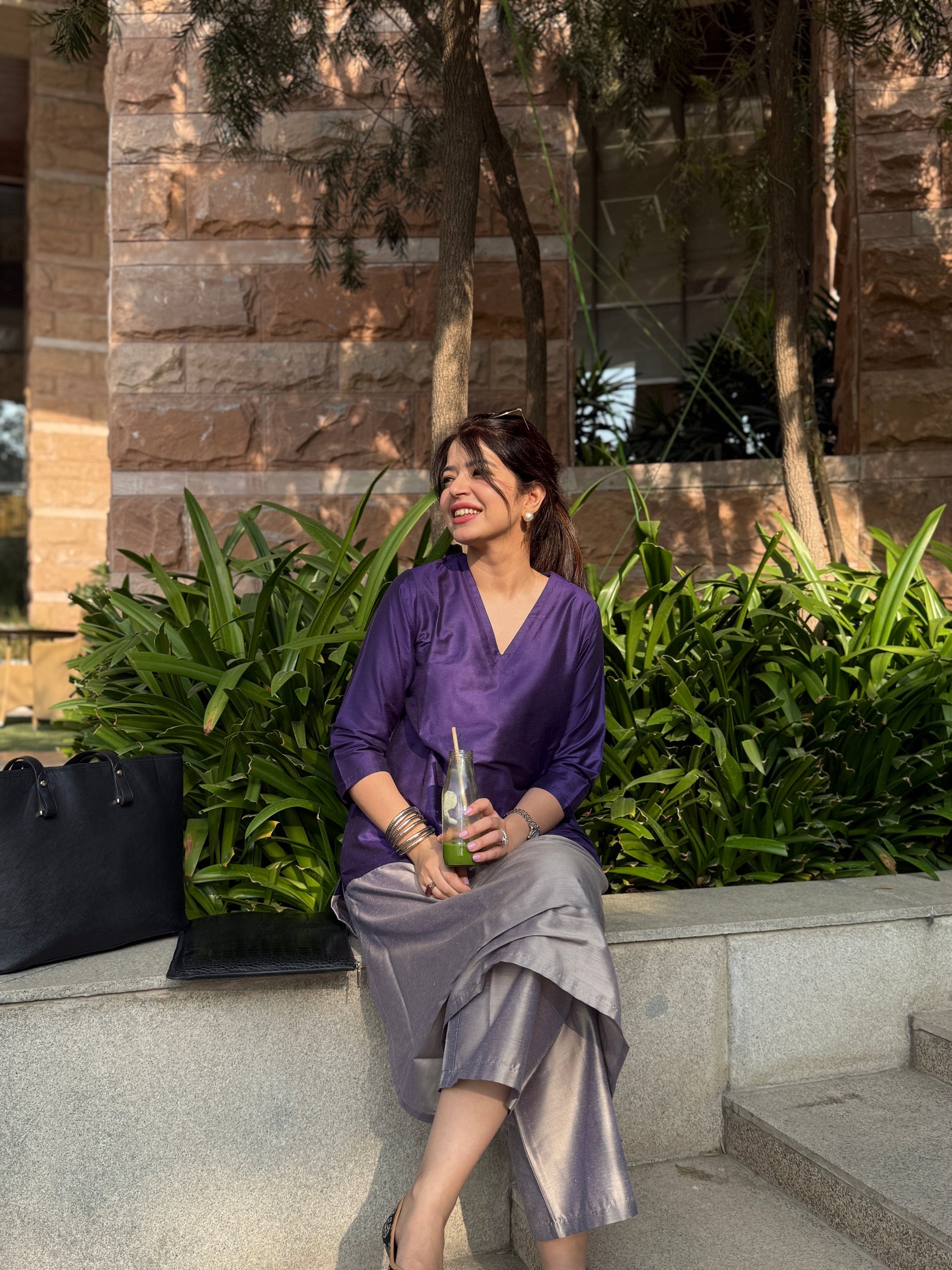 Mehr Plum Grey Cotton Silk Kurta Set