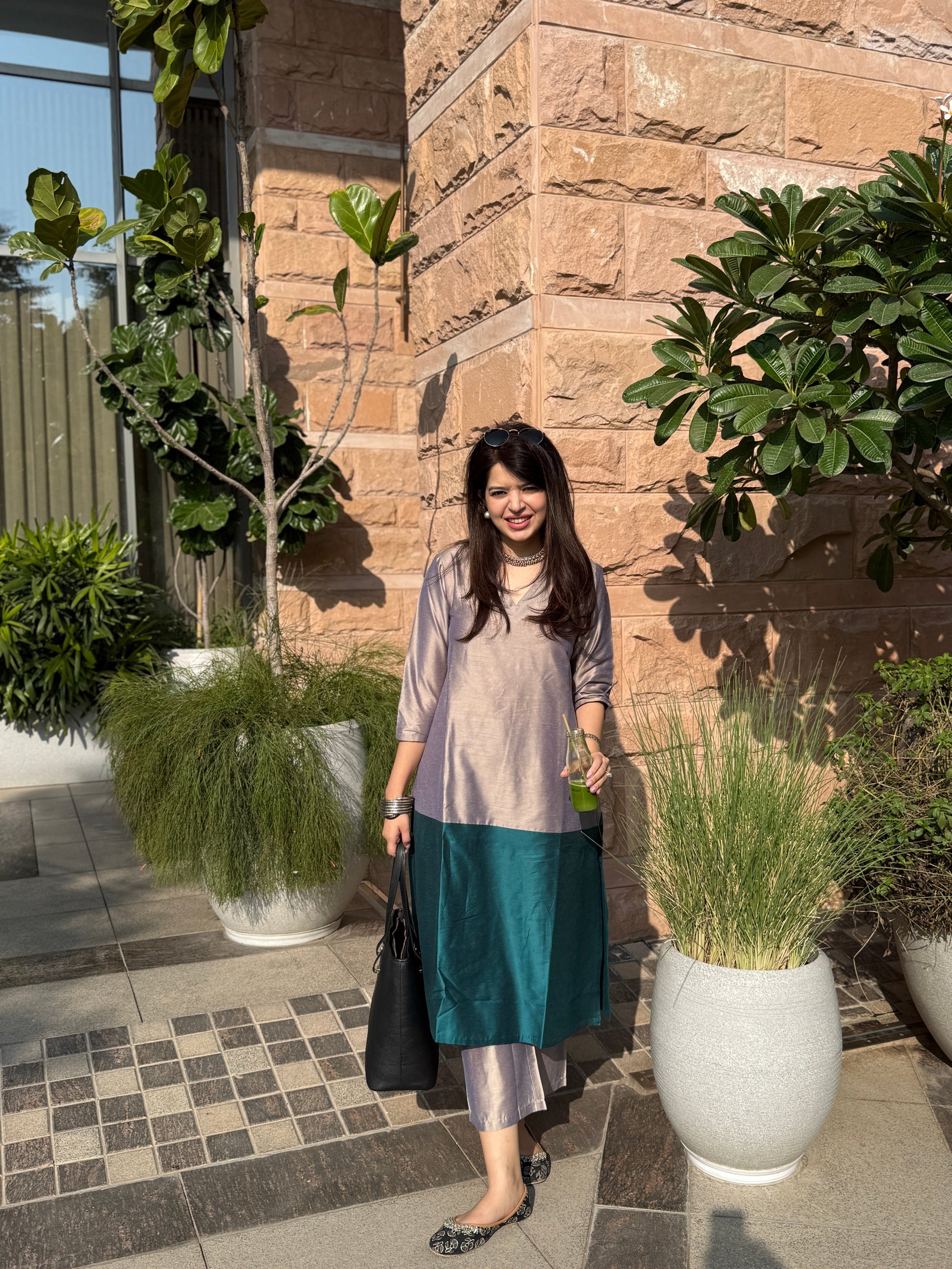 Mehr Emerald Grey Cotton Silk Kurta  Set