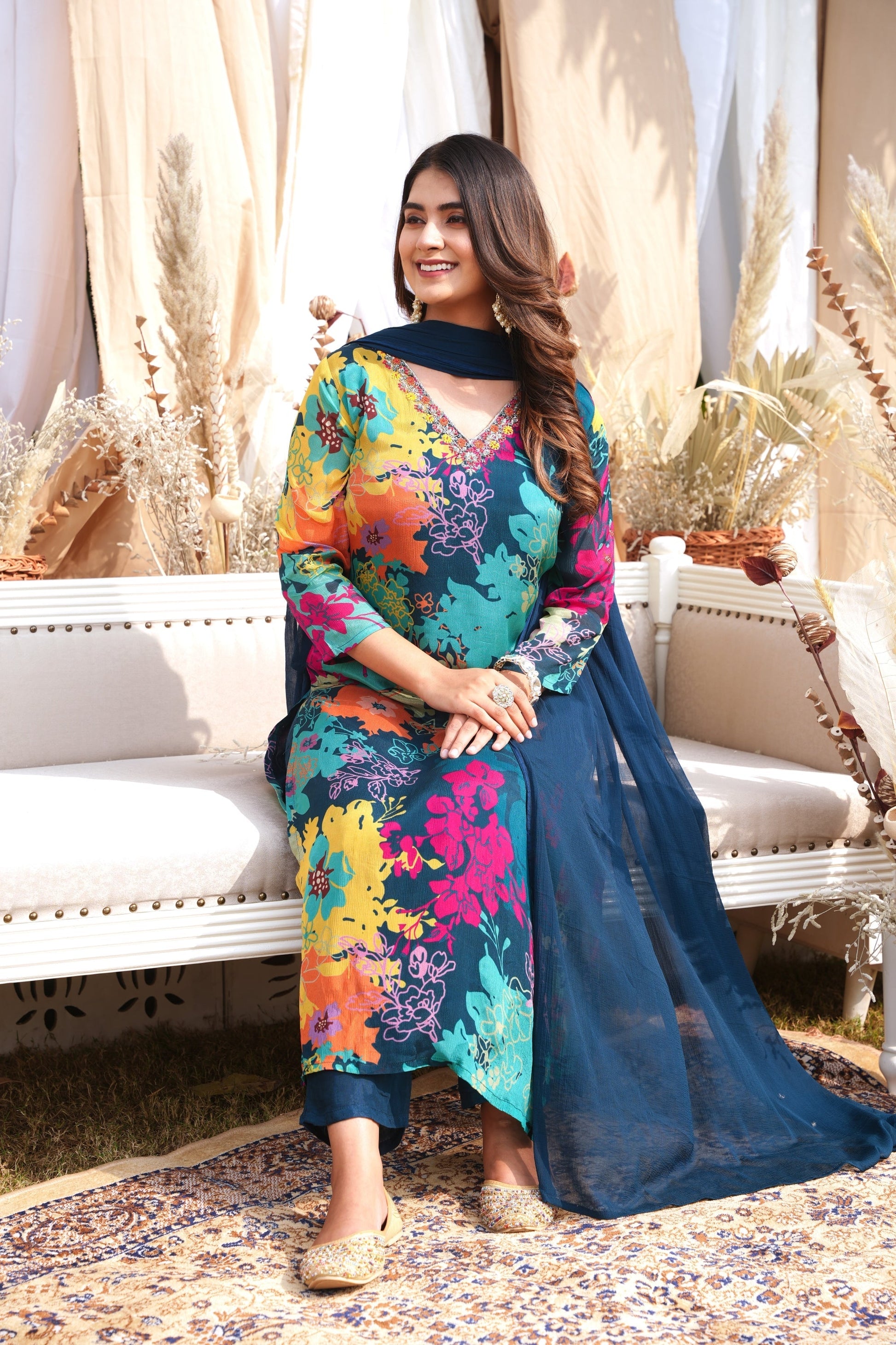 WOMEN'S FLORAL PRINTED - HAND EMBROIDERED - STRAIGHT KURTA, PANT SET OF 3 - BLUE