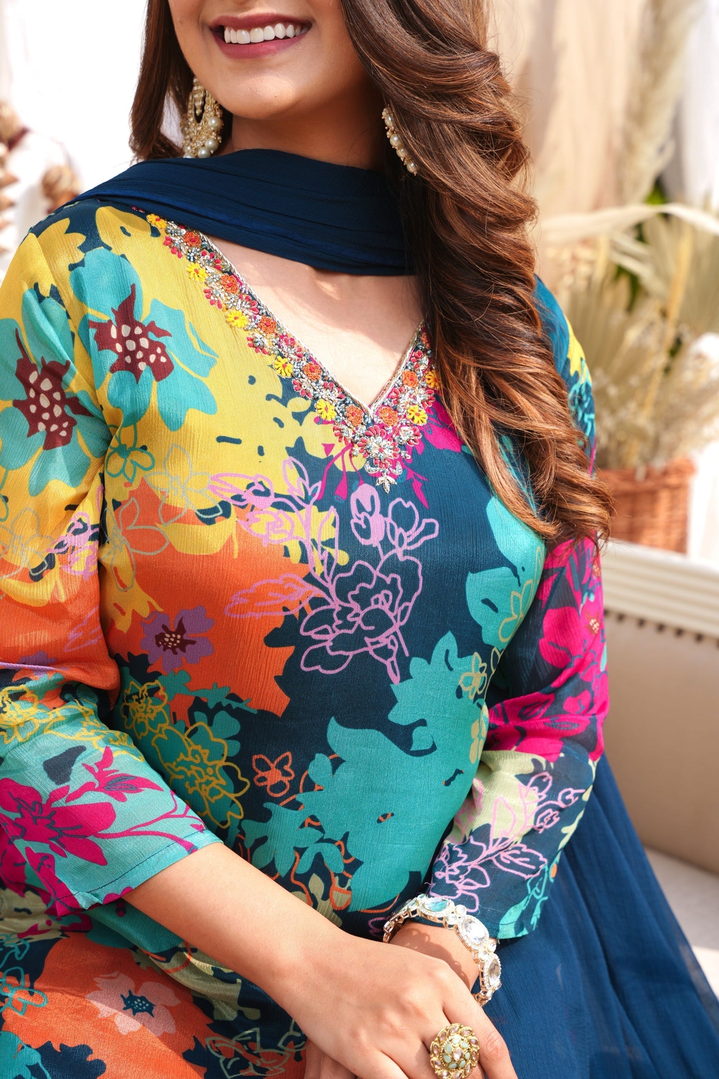 WOMEN'S FLORAL PRINTED - HAND EMBROIDERED - STRAIGHT KURTA, PANT SET OF 3 - BLUE