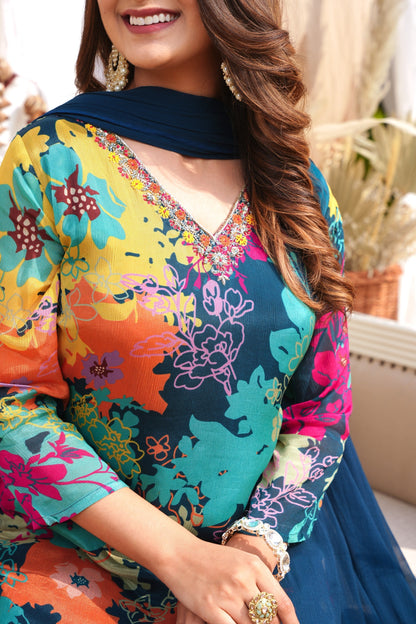 WOMEN'S FLORAL PRINTED - HAND EMBROIDERED - STRAIGHT KURTA, PANT SET OF 3 - BLUE