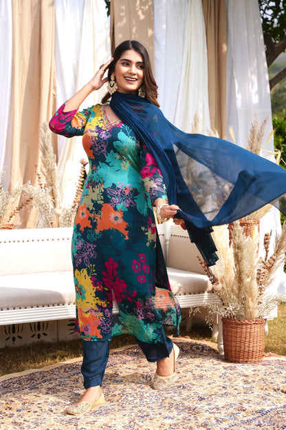 WOMEN'S FLORAL PRINTED - HAND EMBROIDERED - STRAIGHT KURTA, PANT SET OF 3 - BLUE