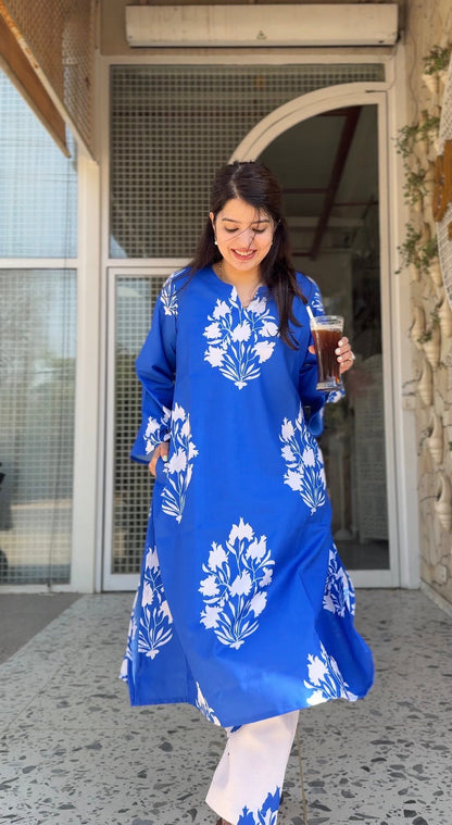 Hania Blue Floral Cotton Kurta Set