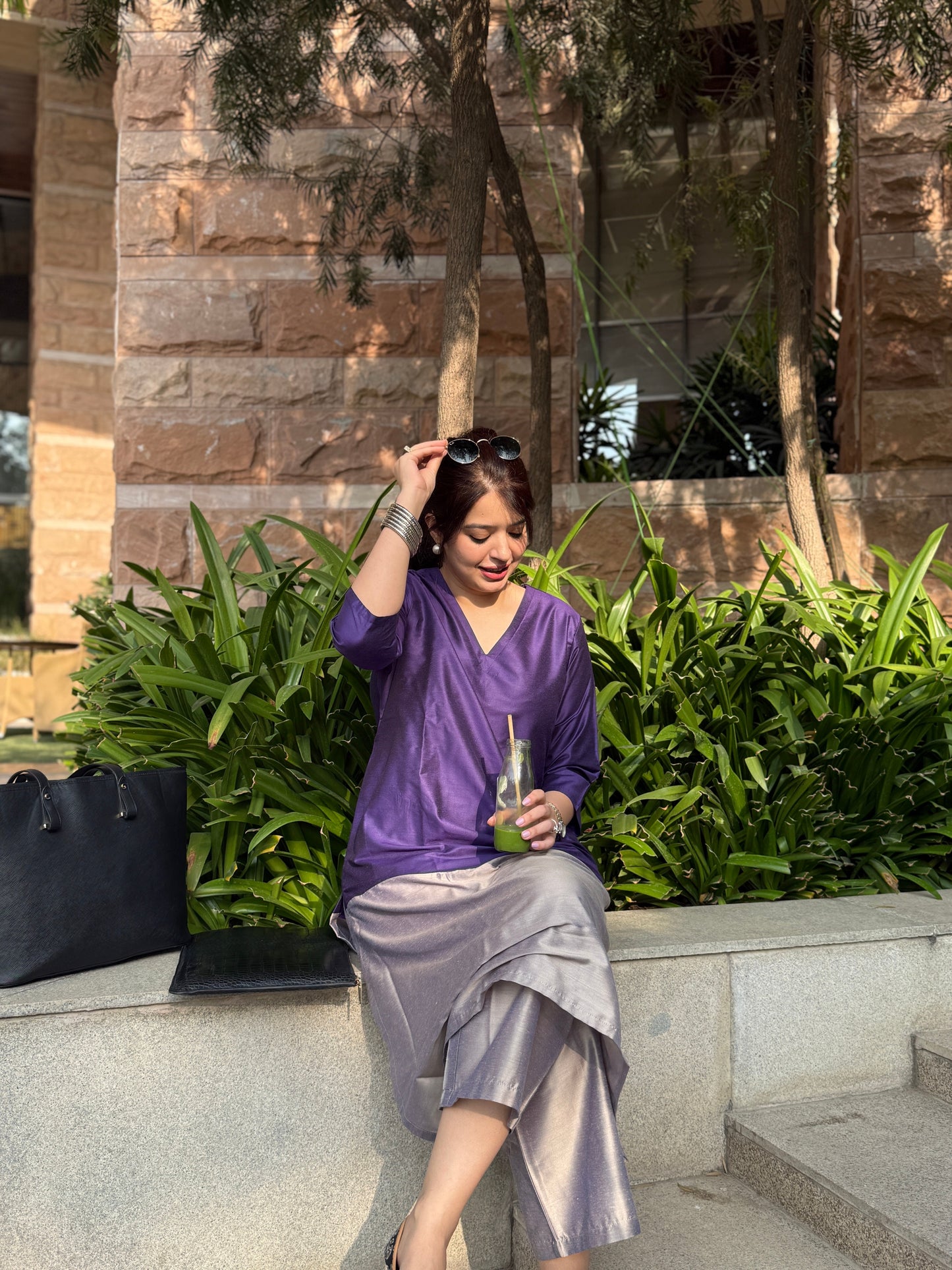Mehr Plum Grey Cotton Silk Kurta Set