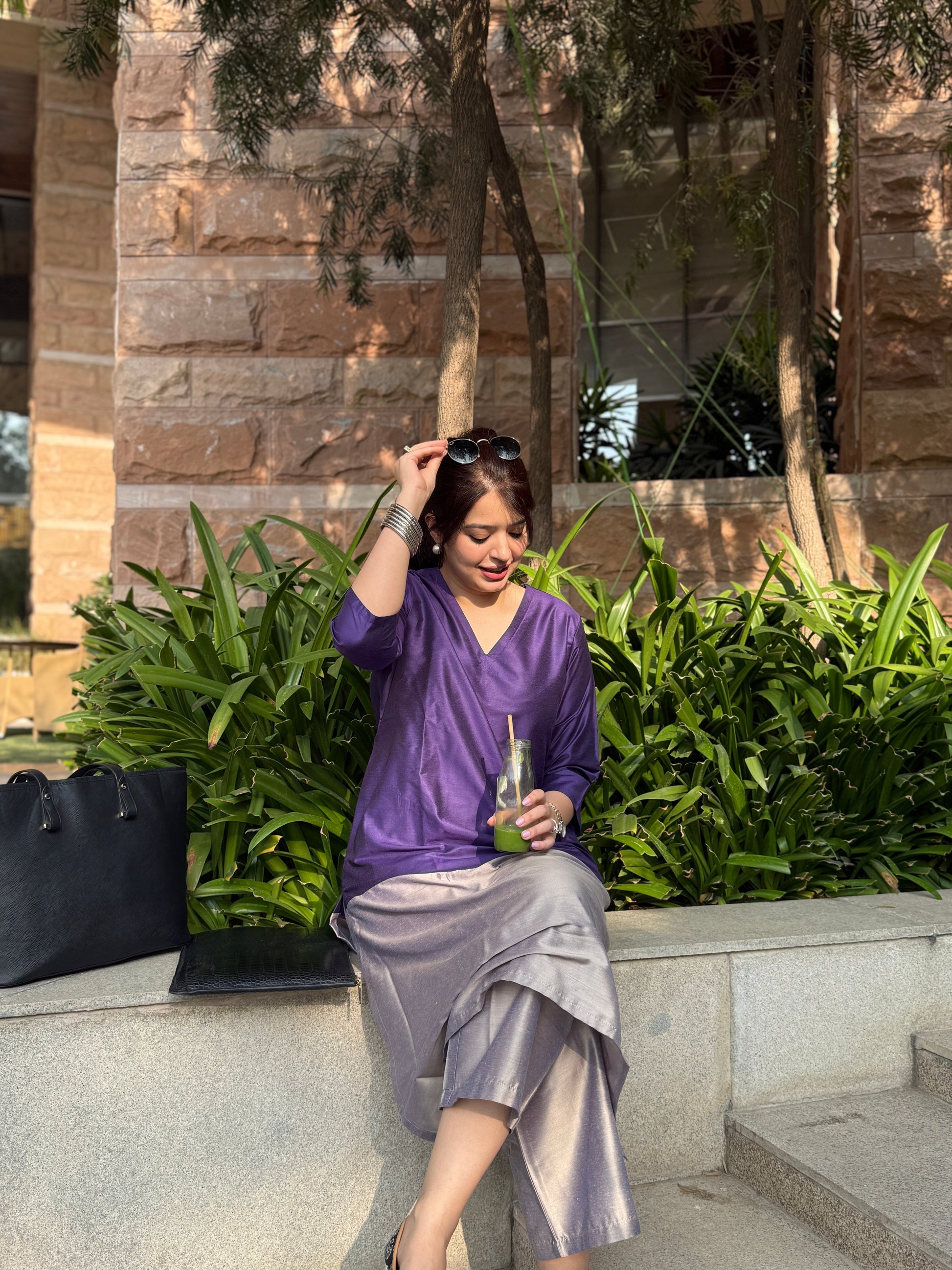 Mehr Plum Grey Cotton Silk Kurta Set