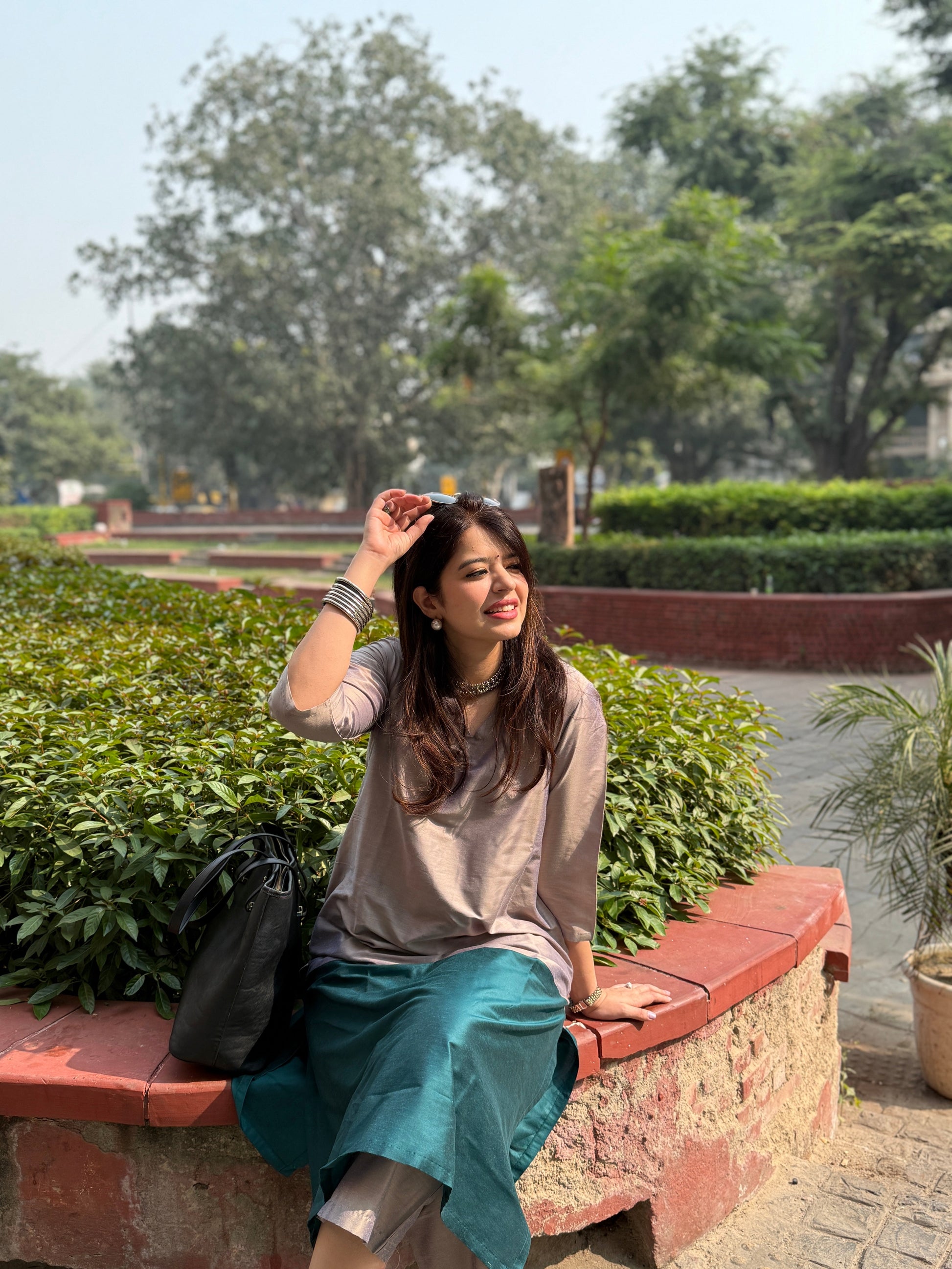 Mehr Emerald Grey Cotton Silk Kurta  Set