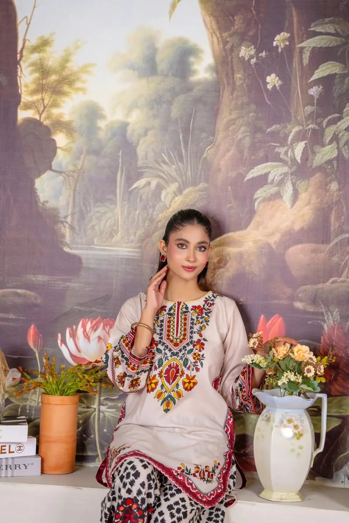 Floral and Geometric Printed Kurta Set For Women