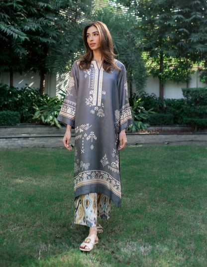 Charcoal Grey Smooth Bsy Ethnic Motifs Printed Kurta Set For Women