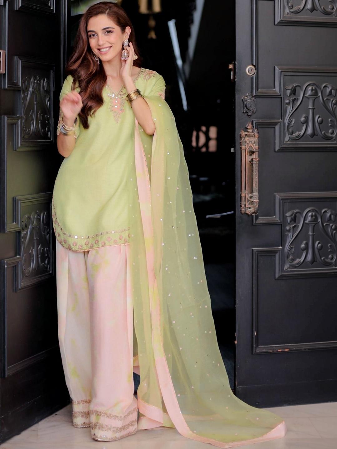 Embroidered V-Neck Kurti & Palazzos With Dupatta