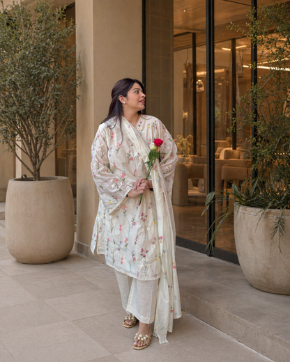 Rida White Floral Embroidered Suit Set