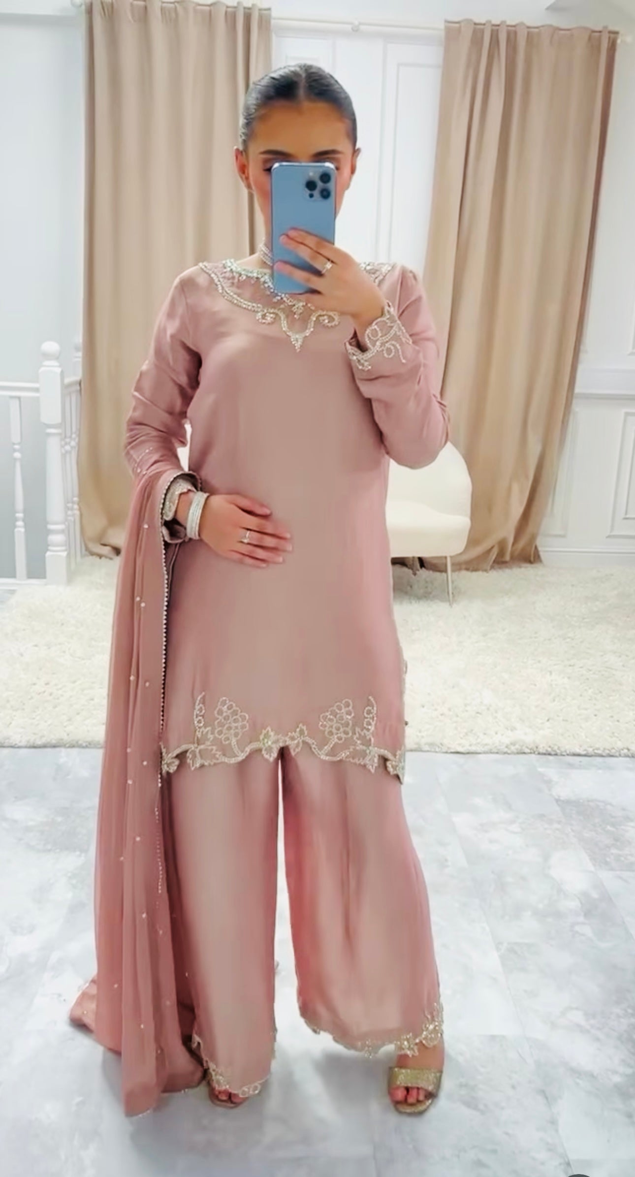 Designer Party Wear Crepe Silk Top with Farshi Salwar & Dupatta
