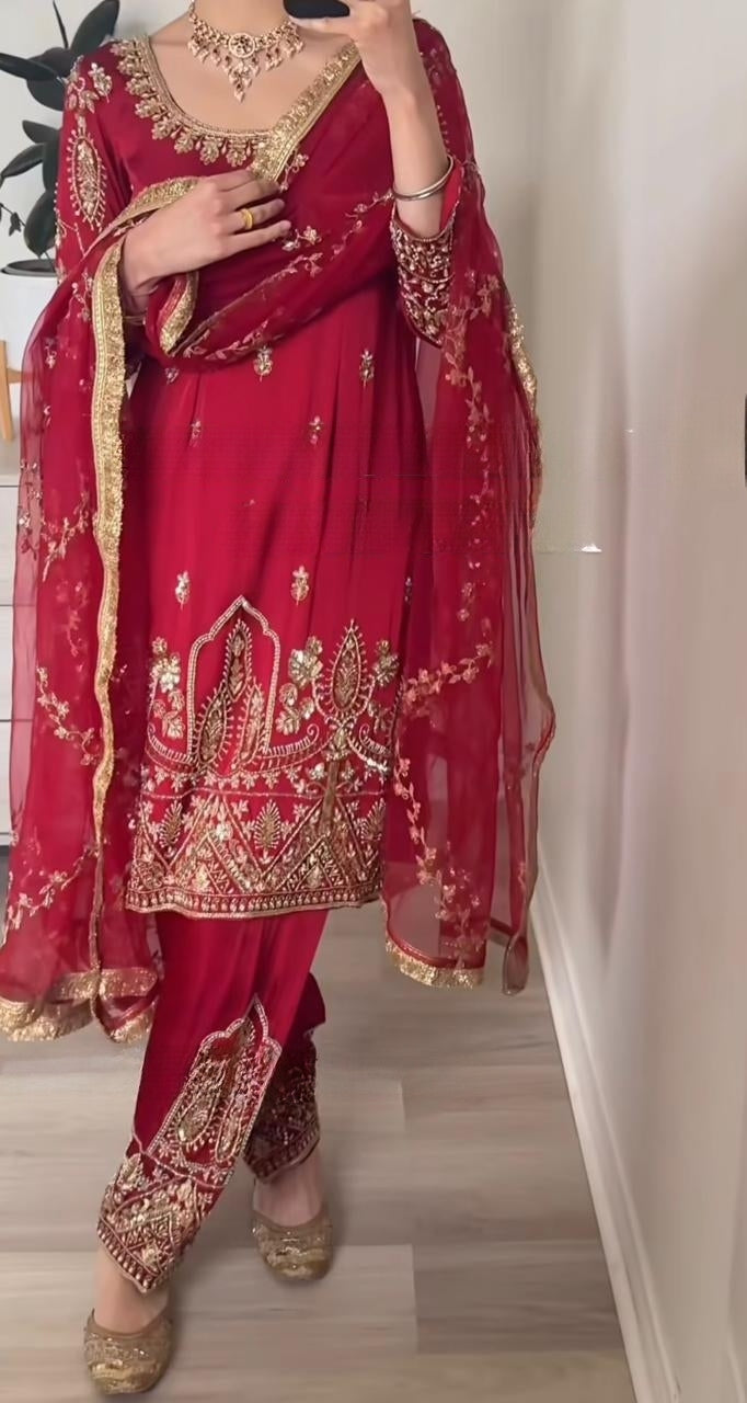 Designer Party Wear Crepe Silk Top, Pant & Dupatta