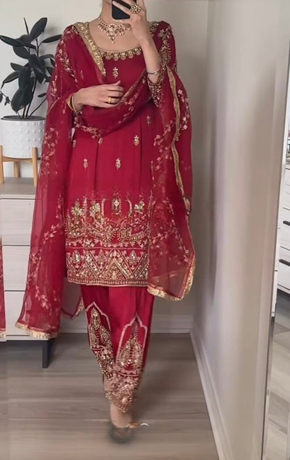 Designer Party Wear Crepe Silk Top, Pant & Dupatta