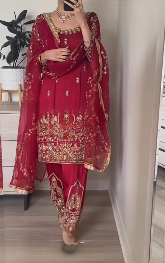 Designer Party Wear Crepe Silk Top, Pant & Dupatta