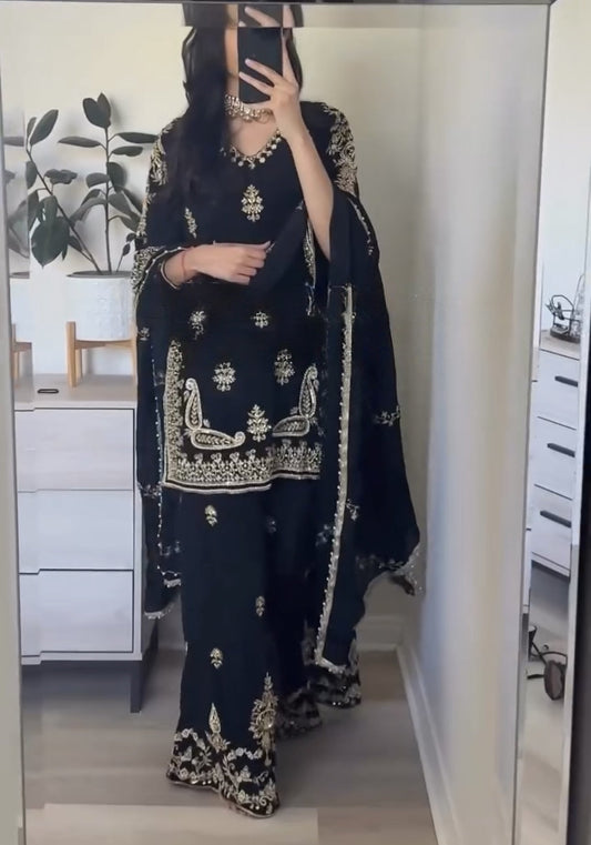 Stylish Embroidered Chinnon Silk Palazzo Set with Dupatta