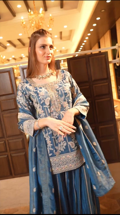 Designer Heavy Embroidered Chinnon Silk Top Palazzo Dupatta