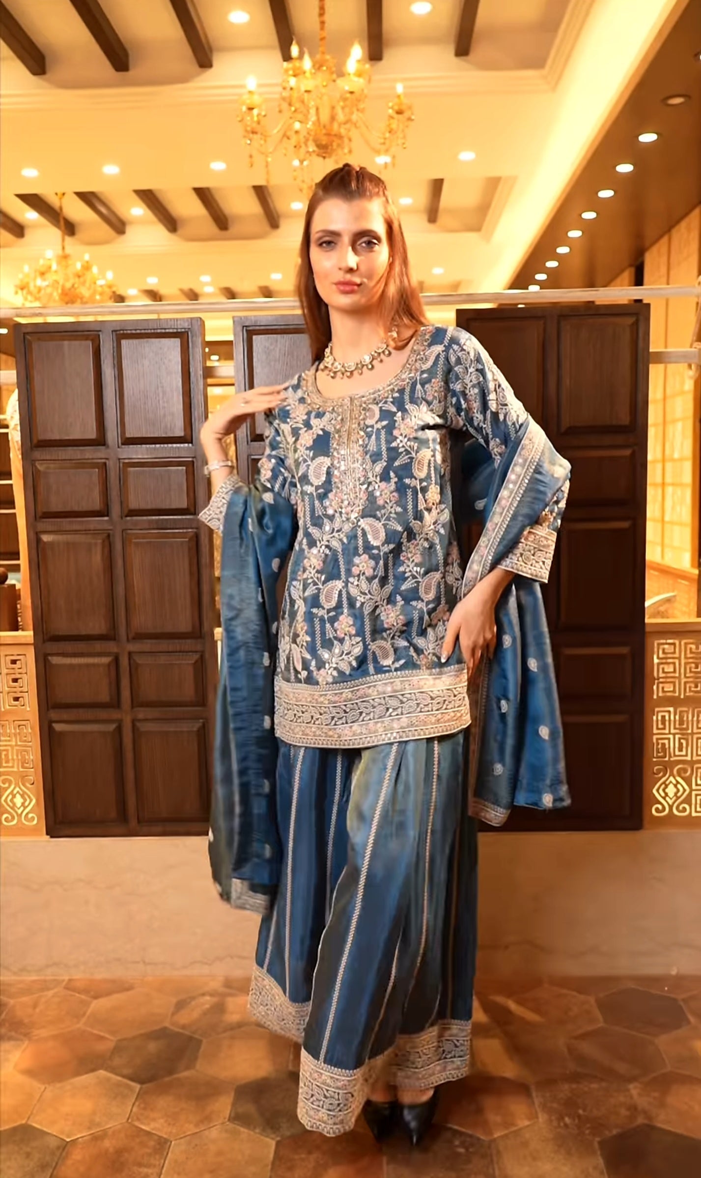Designer Heavy Embroidered Chinnon Silk Top Palazzo Dupatta
