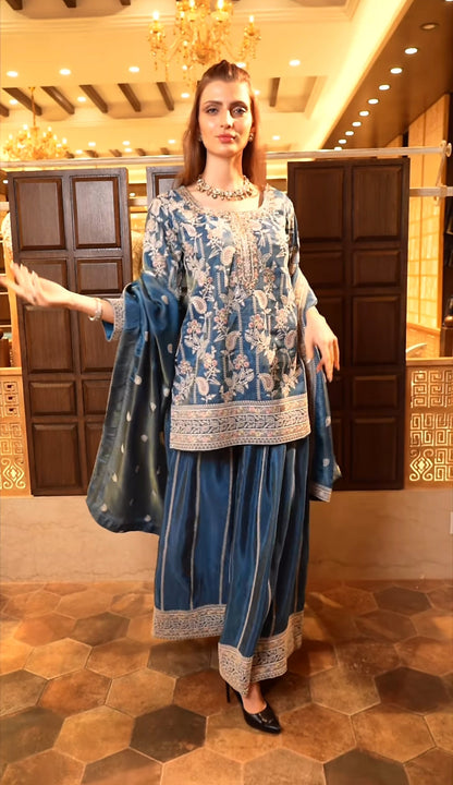 Designer Heavy Embroidered Chinnon Silk Top Palazzo Dupatta