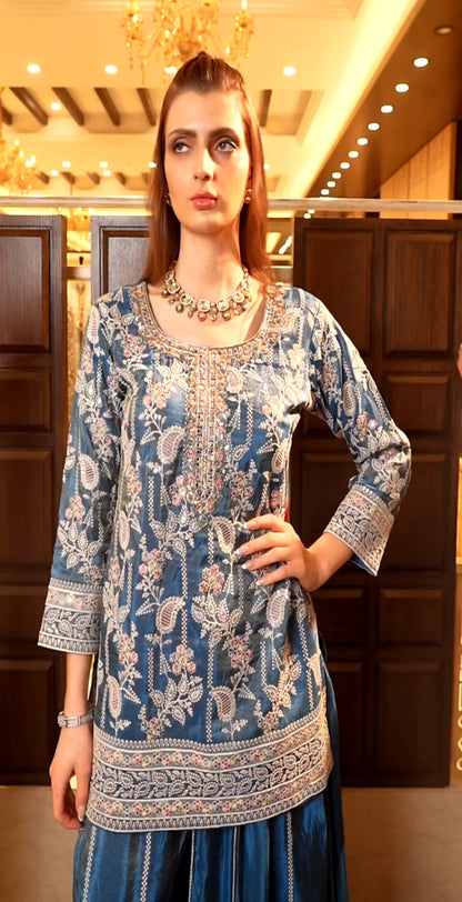 Designer Heavy Embroidered Chinnon Silk Top Palazzo Dupatta