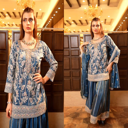 Designer Heavy Embroidered Chinnon Silk Top Palazzo Dupatta