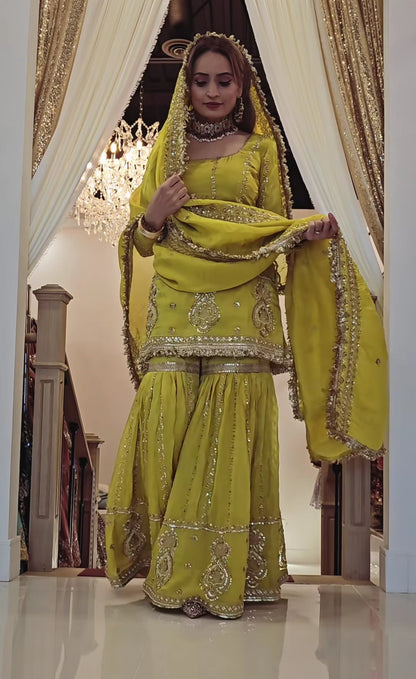 Premium Chinon Silk Embroidered Top with Sharara Plazzo & Dupatta Set