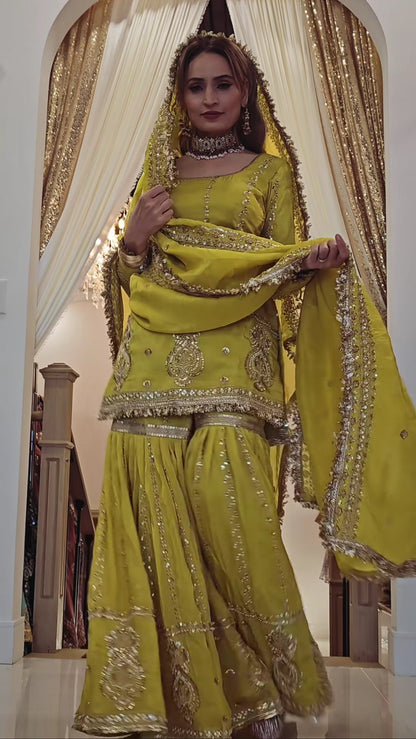 Premium Chinon Silk Embroidered Top with Sharara Plazzo & Dupatta Set