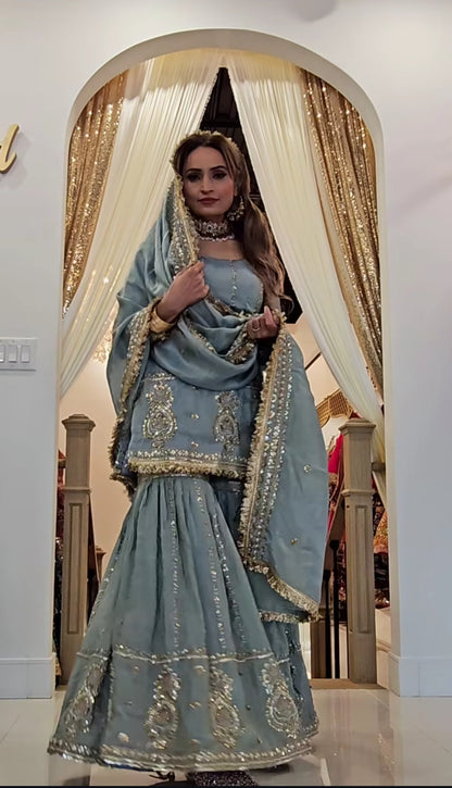 Premium Chinon Silk Embroidered Top with Sharara Plazzo & Dupatta Set