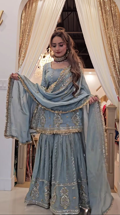 Premium Chinon Silk Embroidered Top with Sharara Plazzo & Dupatta Set