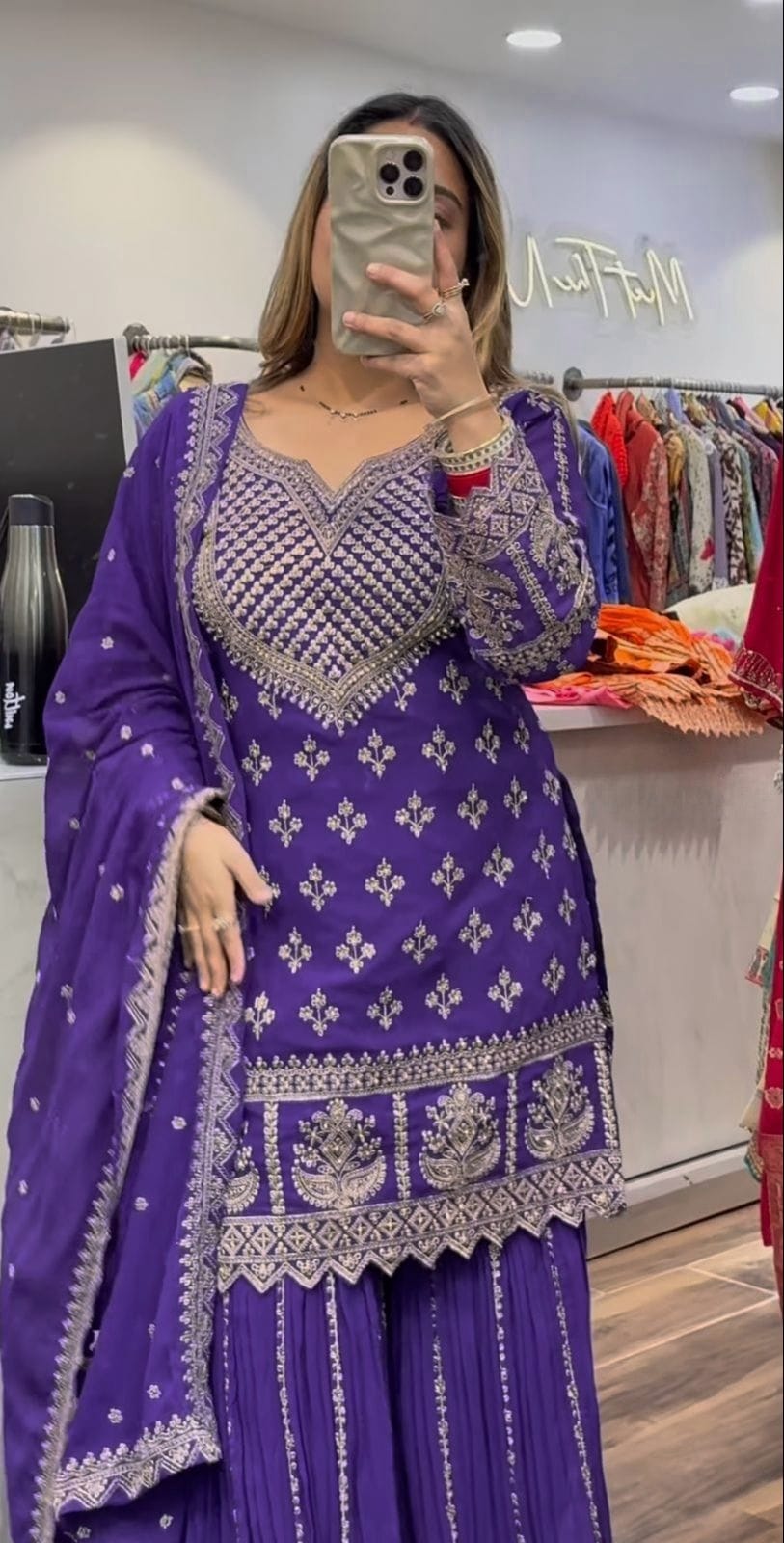 Designer Party Wear Top with Sharara Palazzo & Dupatta | Chinnon Silk