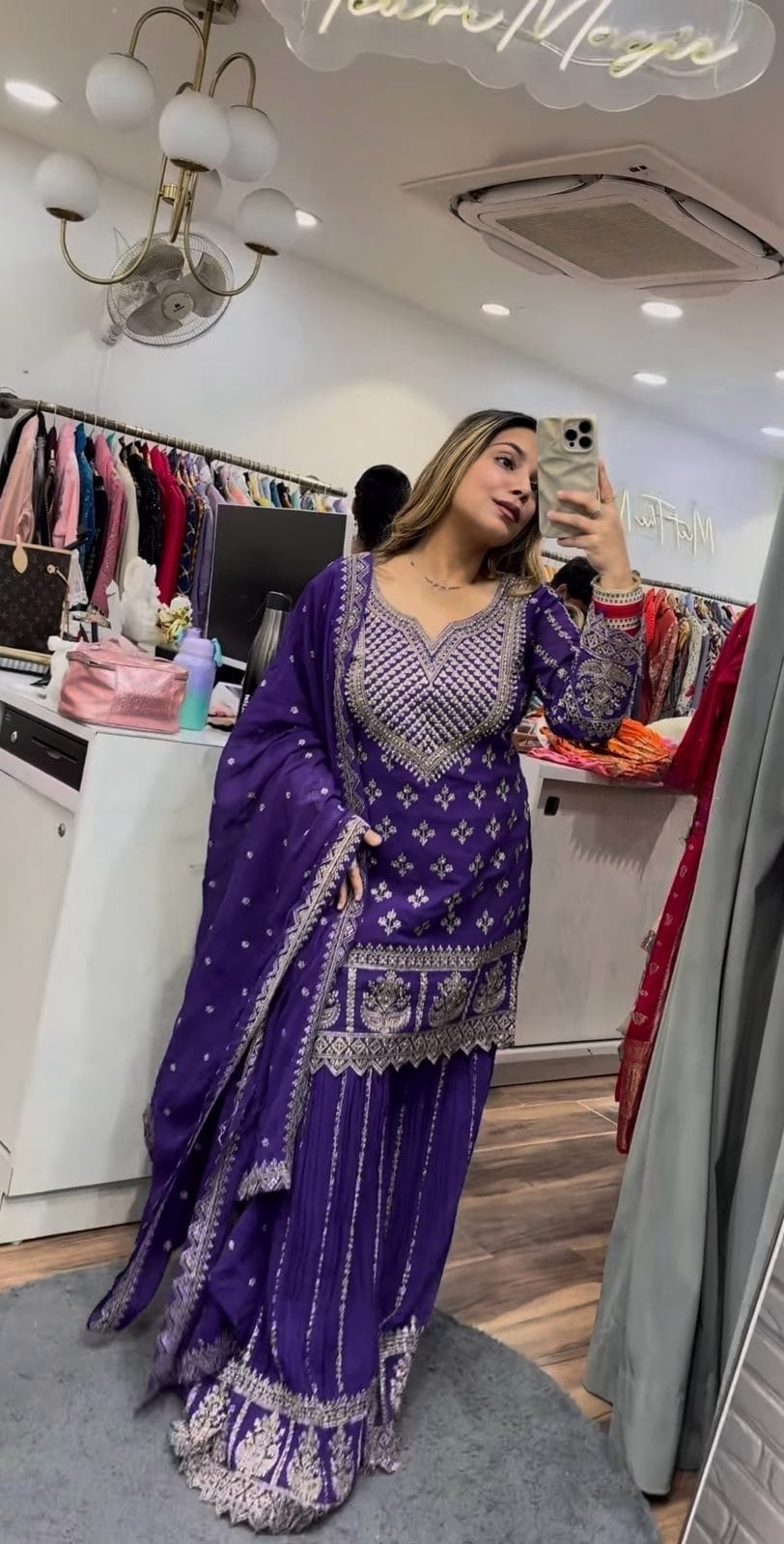 Designer Party Wear Top with Sharara Palazzo & Dupatta | Chinnon Silk