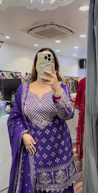 Designer Party Wear Top with Sharara Palazzo & Dupatta | Chinnon Silk
