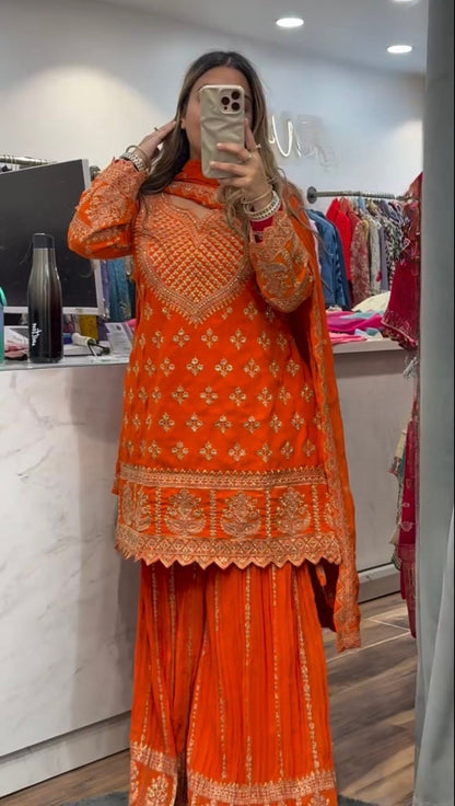 Designer Party Wear Top with Sharara Palazzo & Dupatta | Chinnon Silk