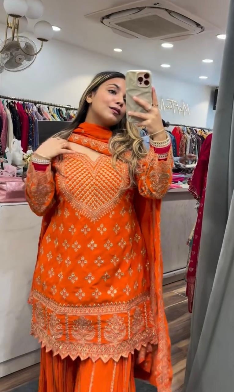 Designer Party Wear Top with Sharara Palazzo & Dupatta | Chinnon Silk