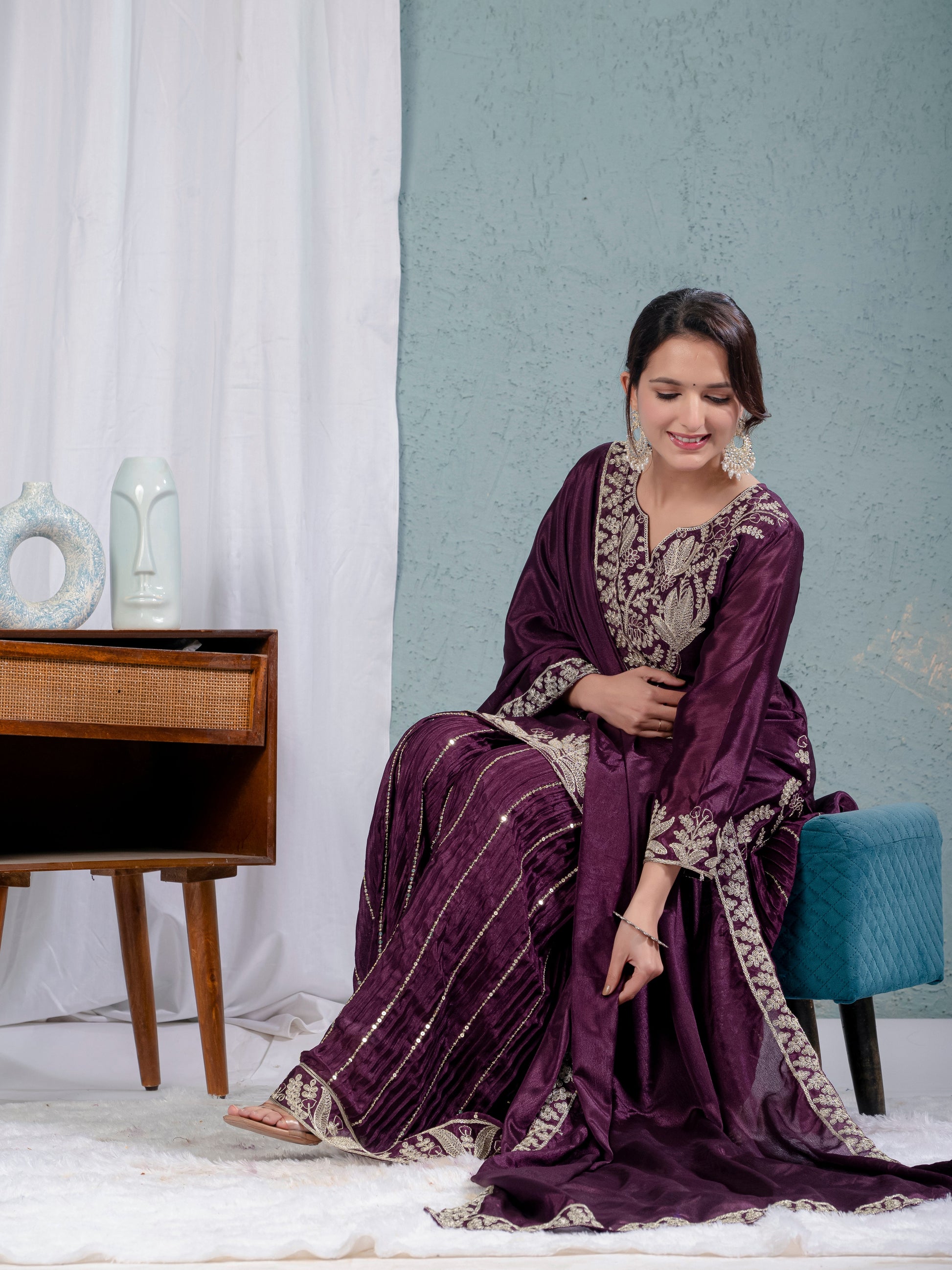 Luxury Partywear Sharara Suit – Chinnon Silk & Sequence Work (ND-5023)