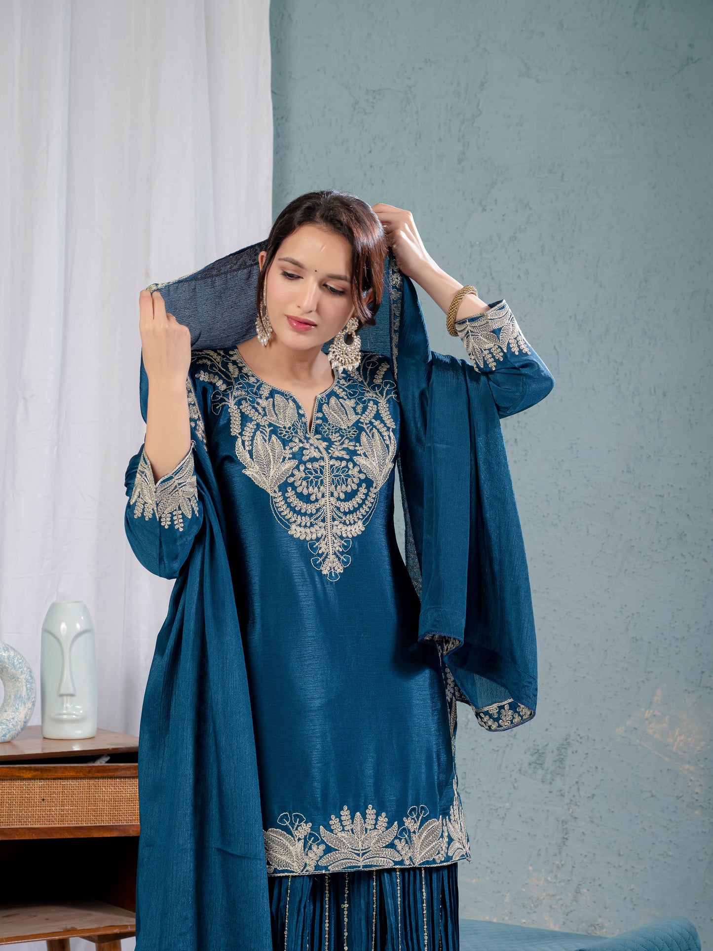 Luxury Partywear Sharara Suit – Chinnon Silk & Sequence Work (ND-5023)