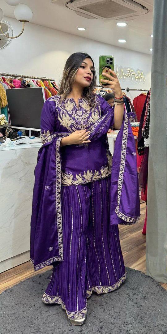 Luxury Partywear Sharara Suit – Chinnon Silk & Sequence Work (ND-5023)
