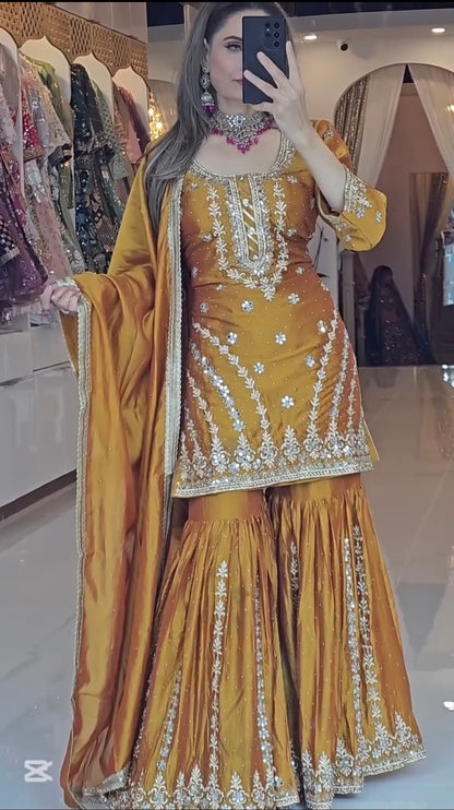 esigner Party Wear Chinnon Silk Sharara with Dupatta-ND5036
