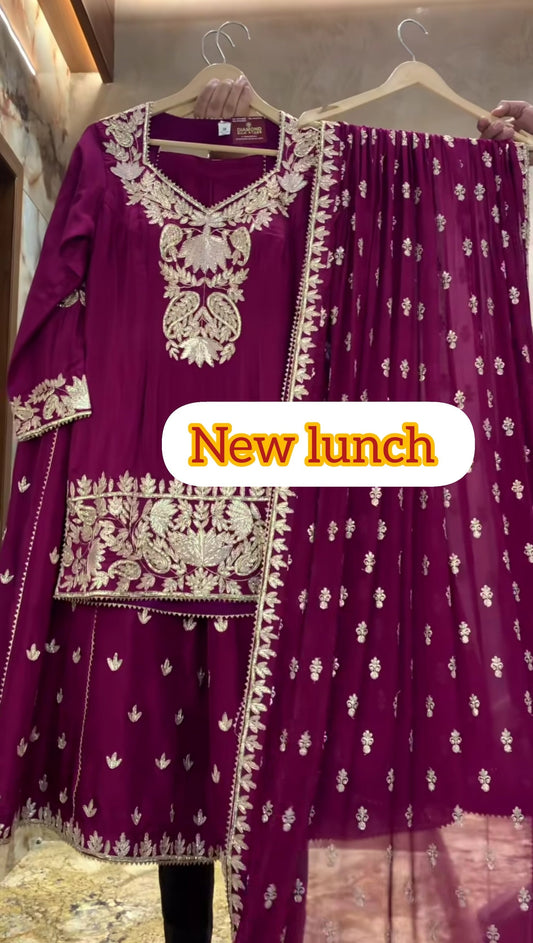 Premium Heavy Chinnon Silk Embroidered Top Plazzo Dupatta Set ND-5039