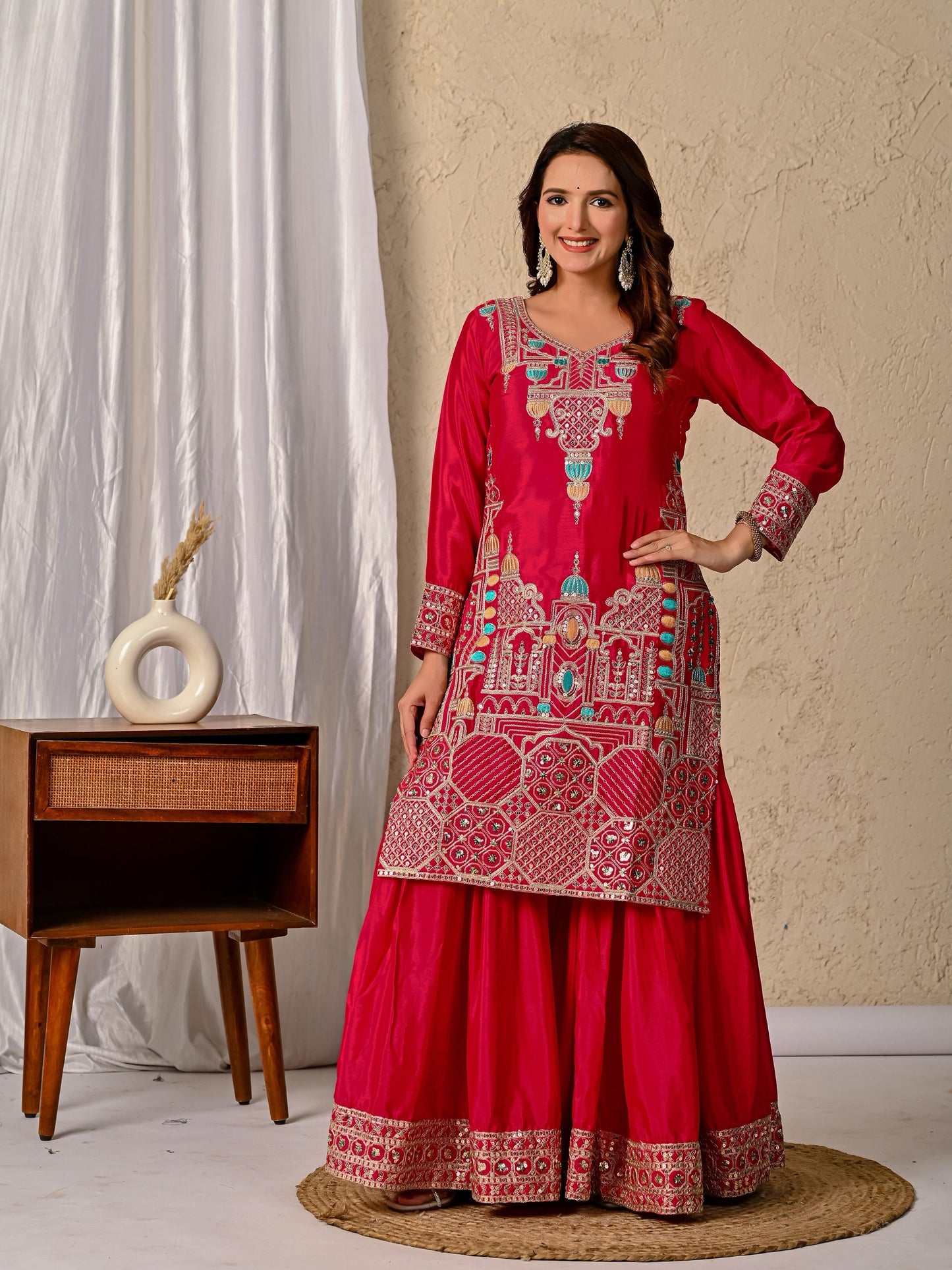 Chinnon Silk Party Wear Top Sharara Palazzo Dupatta Set ND-5047 (63)