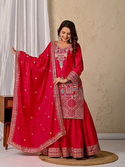 Chinnon Silk Party Wear Top Sharara Palazzo Dupatta Set ND-5047 (63)