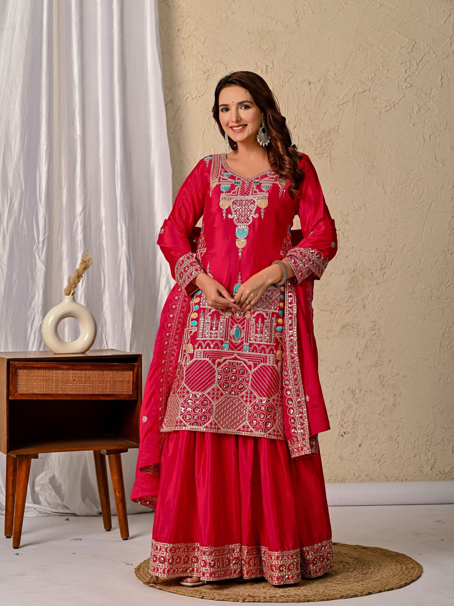Chinnon Silk Party Wear Top Sharara Palazzo Dupatta Set ND-5047 (63)