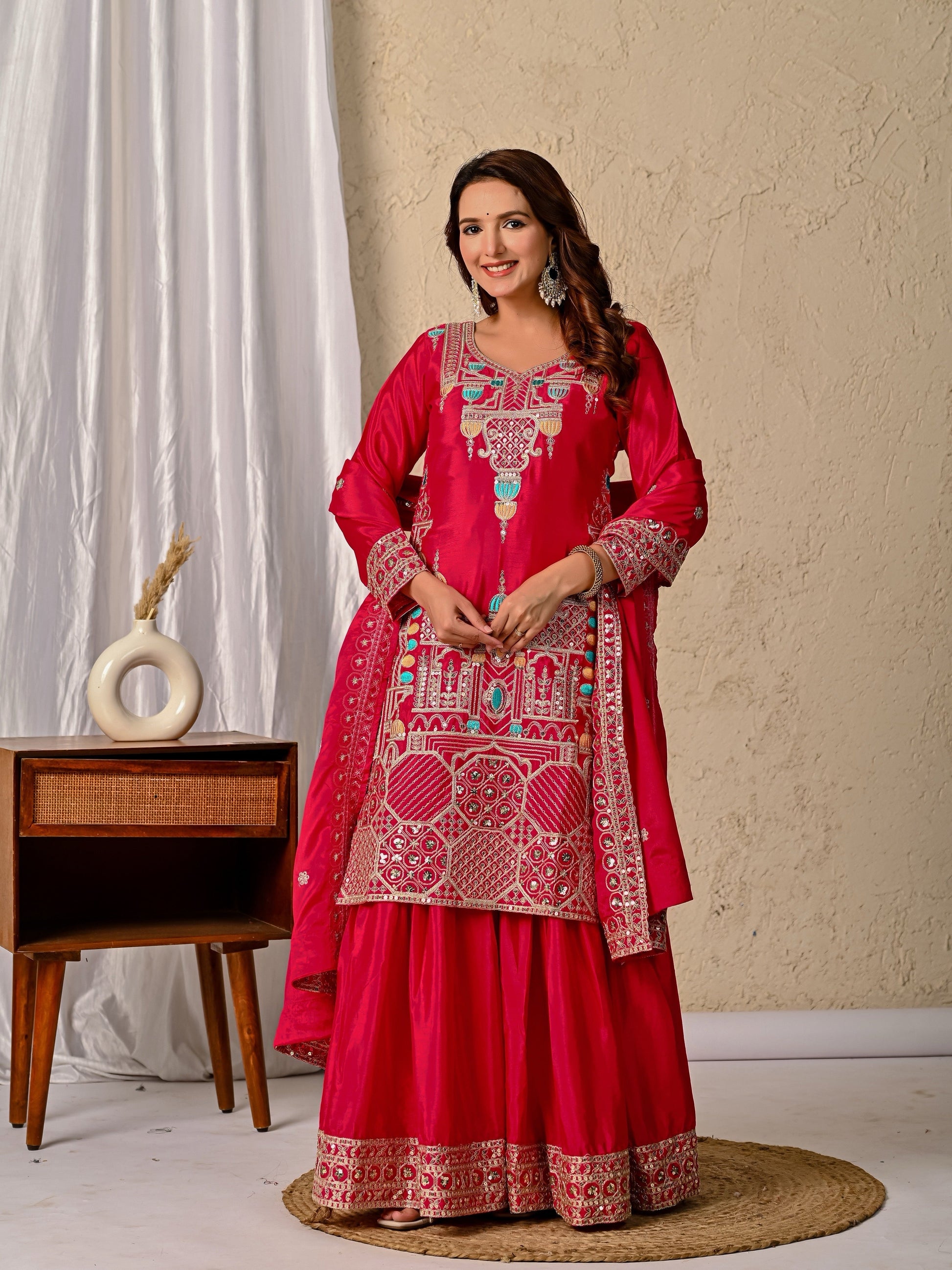 Chinnon Silk Party Wear Top Sharara Palazzo Dupatta Set ND-5047 (63)