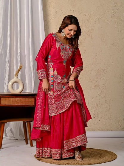 Chinnon Silk Party Wear Top Sharara Palazzo Dupatta Set ND-5047 (63)