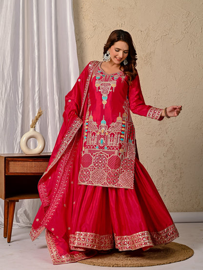 Chinnon Silk Party Wear Top Sharara Palazzo Dupatta Set ND-5047 (63)